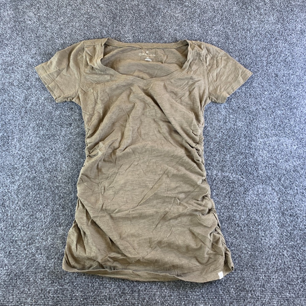 Caslon T-Shirt Dress Womens 2XS Khaki Cotton Ruched V-Neck Short Sleeve Casual